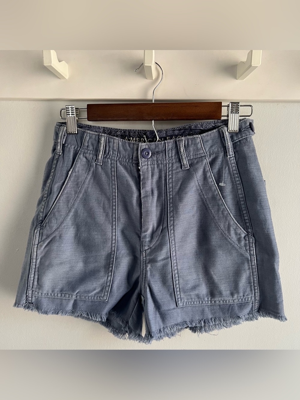 American Eagle 90s Boyfriend Shorts Size 00 Blue High Rise Twill Frayed Cut Off